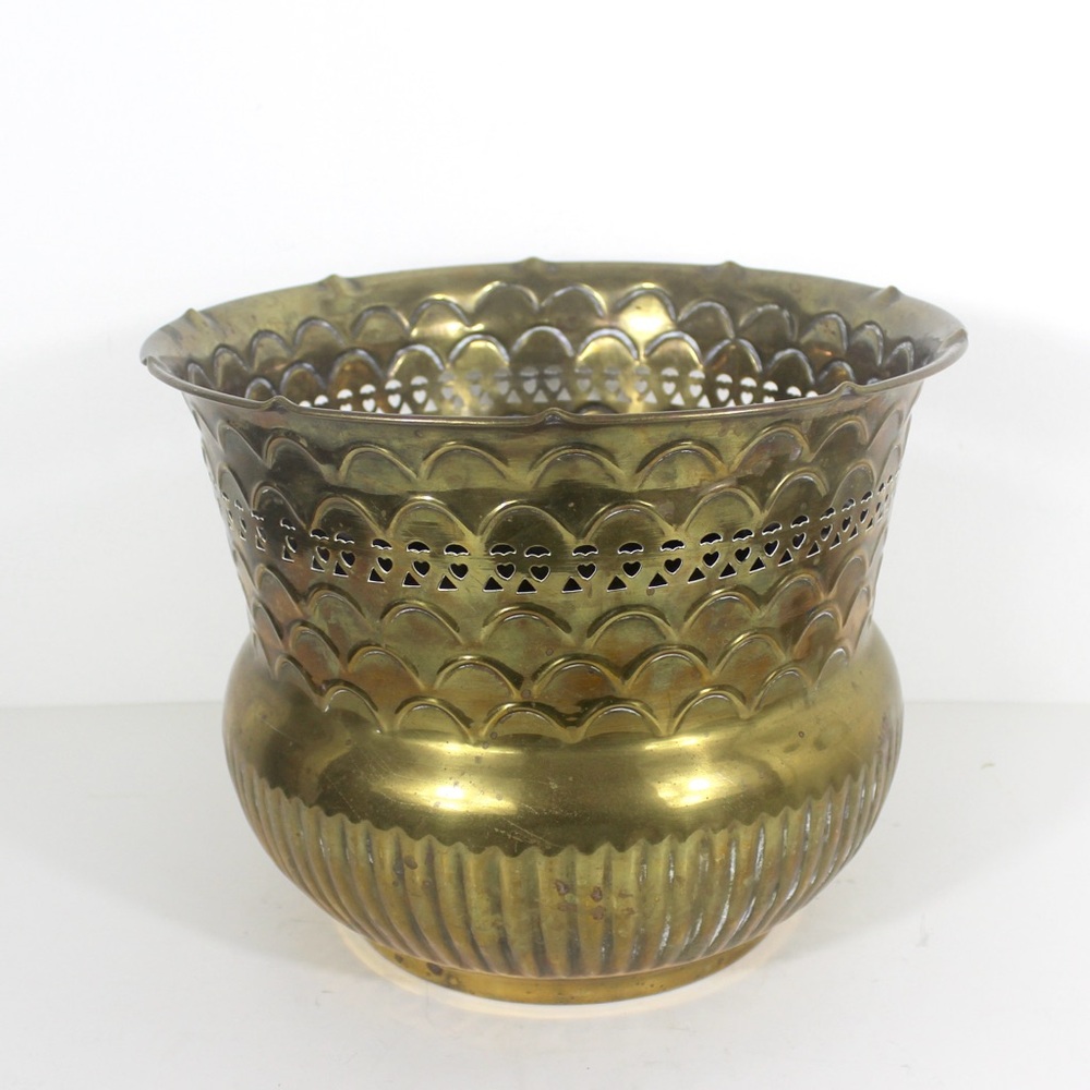 Vintage Large Brass Planter with Fluted Base and Pierced Details, Pinched Rim